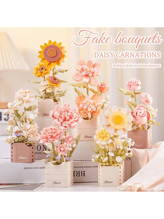 1pc New Realistic High Difficulty Beaded Assembly Building Block Flower Bouquet, Includes Carnation, Daisy, Jasmine, Can Be Used For Decoration, Home Decor, Birthday Gift, Made Of ABS Material, Heart