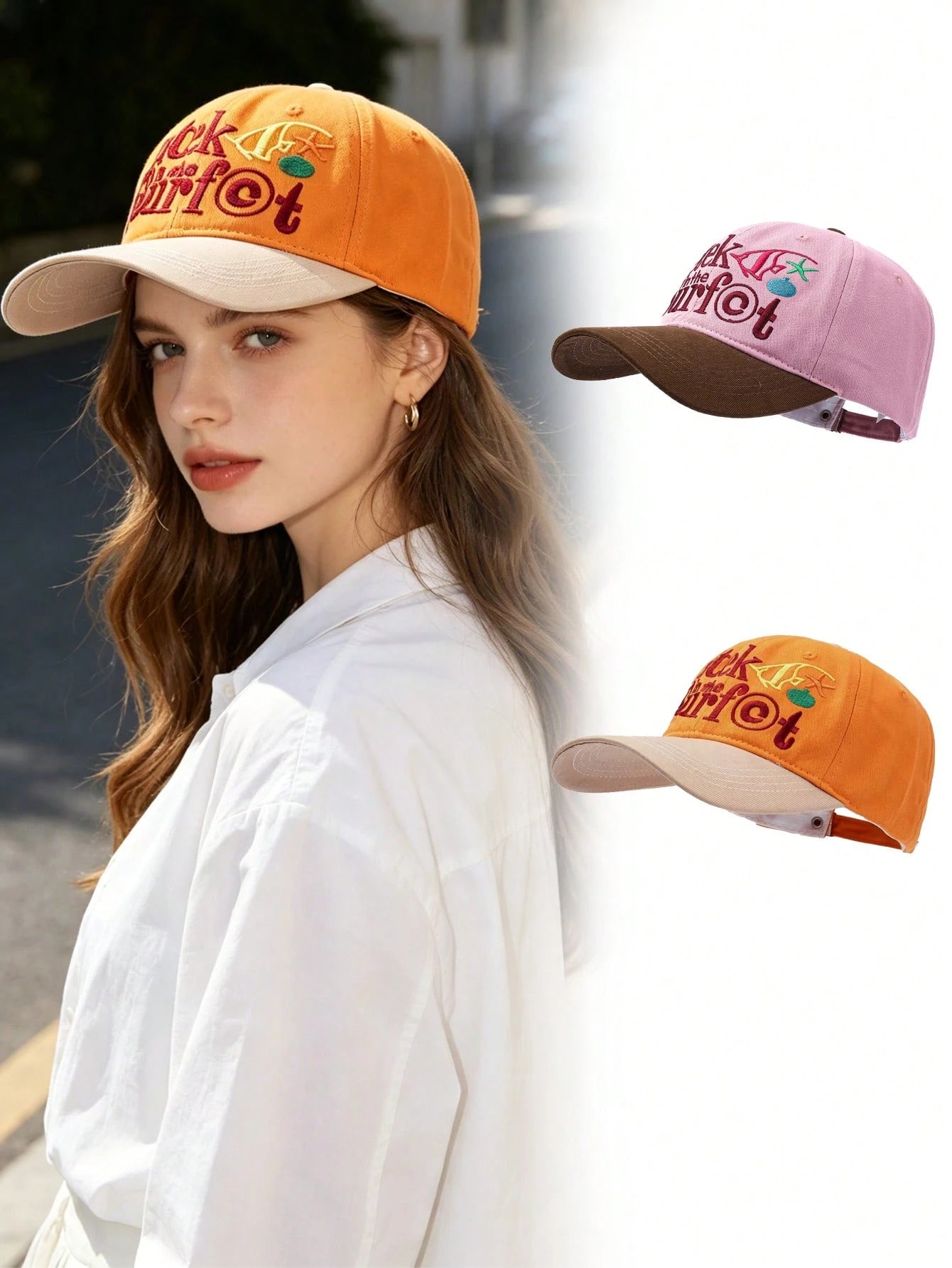1pc Orange Contrast Khaki Beach Style Embroidered Baseball Cap, Funny Letter & Ocean Embroidery, Soft Crown Design Flatters Face Shape, Vintage Distressed Texture, Versatile Summer Vacation Vibe