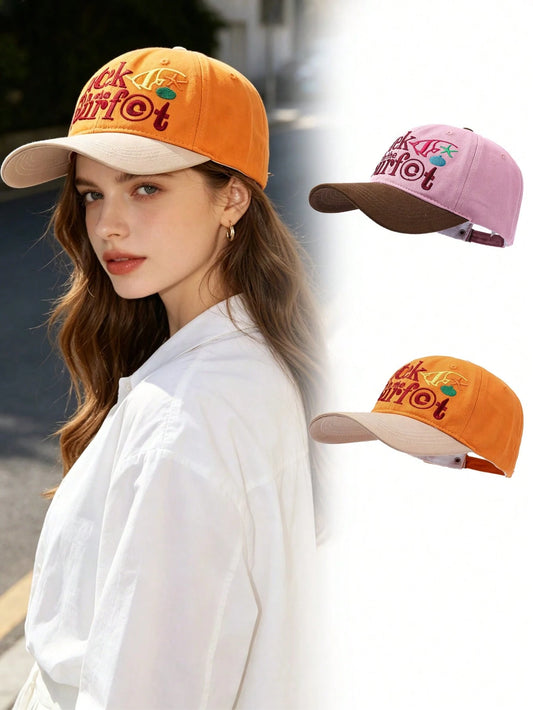 1pc Orange Contrast Khaki Beach Style Embroidered Baseball Cap, Funny Letter & Ocean Embroidery, Soft Crown Design Flatters Face Shape, Vintage Distressed Texture, Versatile Summer Vacation Vibe