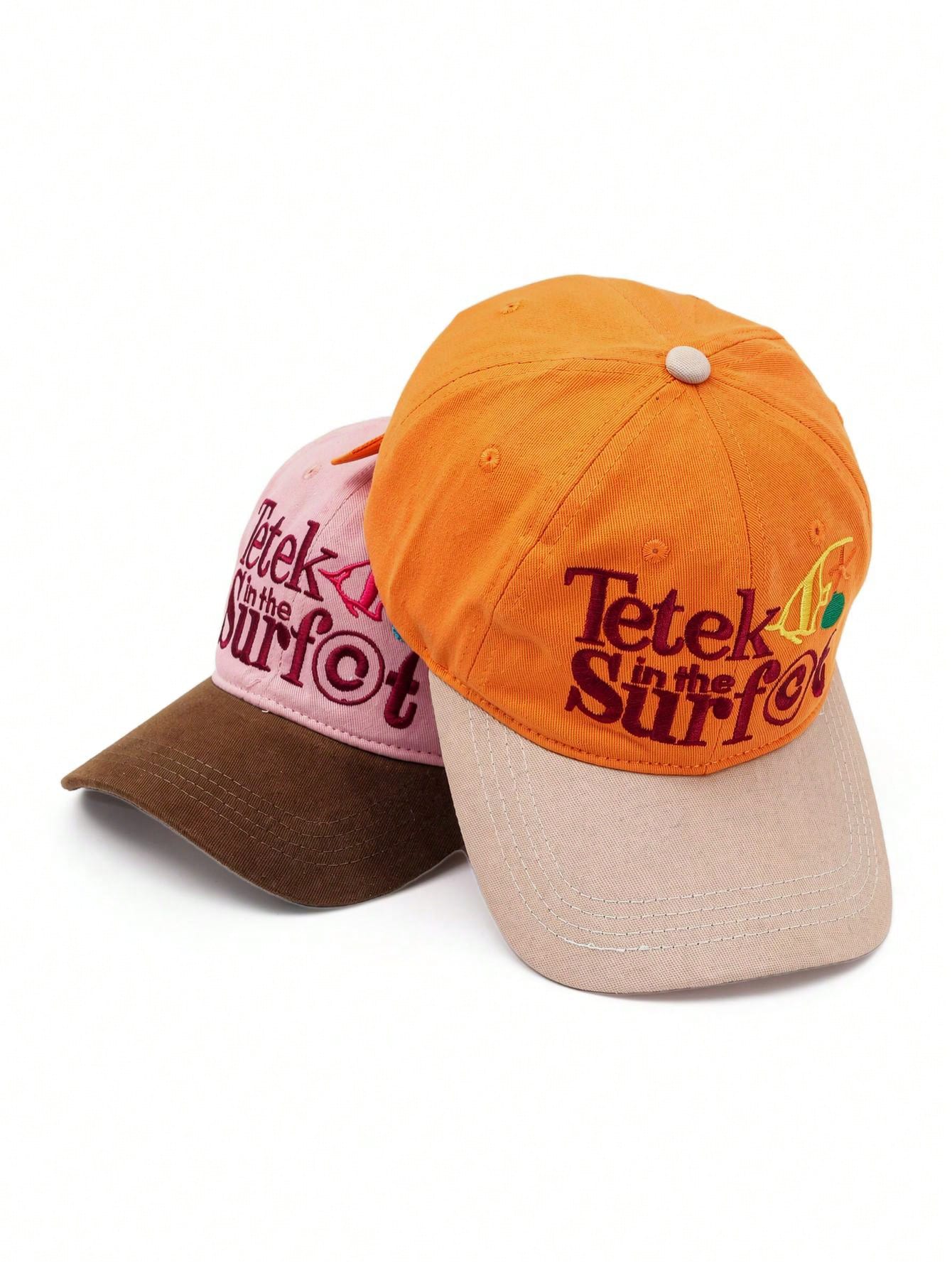 1pc Orange Contrast Khaki Beach Style Embroidered Baseball Cap, Funny Letter & Ocean Embroidery, Soft Crown Design Flatters Face Shape, Vintage Distressed Texture, Versatile Summer Vacation Vibe