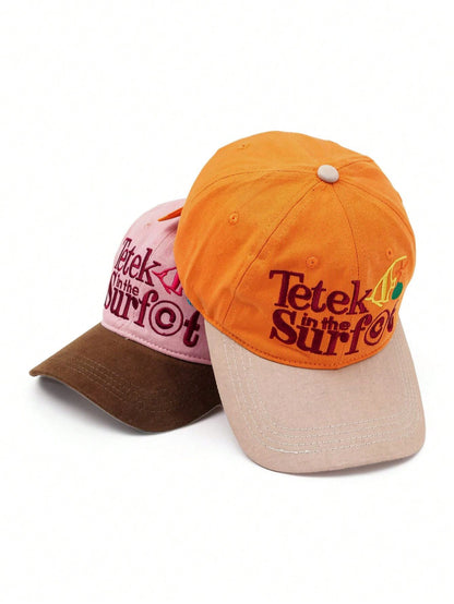 1pc Orange Contrast Khaki Beach Style Embroidered Baseball Cap, Funny Letter & Ocean Embroidery, Soft Crown Design Flatters Face Shape, Vintage Distressed Texture, Versatile Summer Vacation Vibe