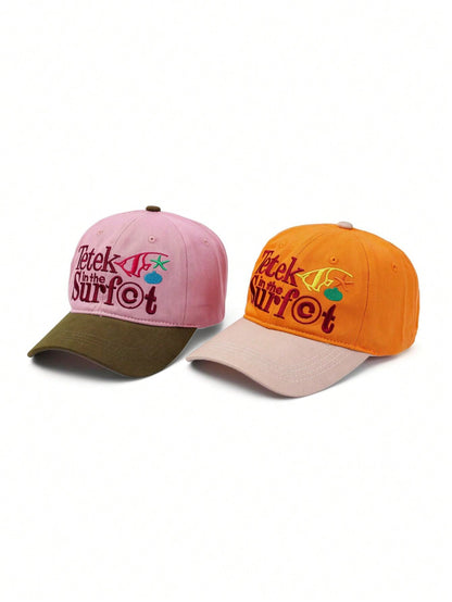 1pc Orange Contrast Khaki Beach Style Embroidered Baseball Cap, Funny Letter & Ocean Embroidery, Soft Crown Design Flatters Face Shape, Vintage Distressed Texture, Versatile Summer Vacation Vibe