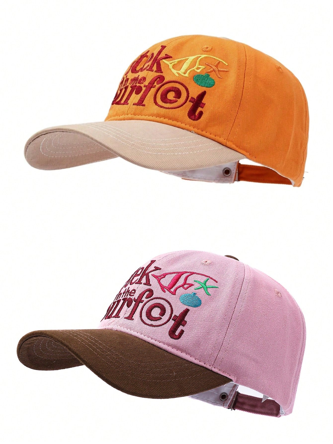 1pc Orange Contrast Khaki Beach Style Embroidered Baseball Cap, Funny Letter & Ocean Embroidery, Soft Crown Design Flatters Face Shape, Vintage Distressed Texture, Versatile Summer Vacation Vibe