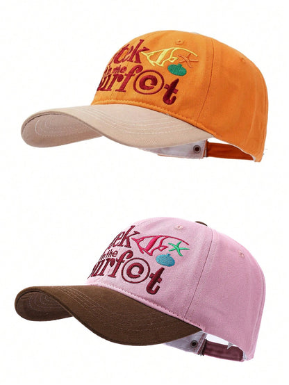1pc Orange Contrast Khaki Beach Style Embroidered Baseball Cap, Funny Letter & Ocean Embroidery, Soft Crown Design Flatters Face Shape, Vintage Distressed Texture, Versatile Summer Vacation Vibe