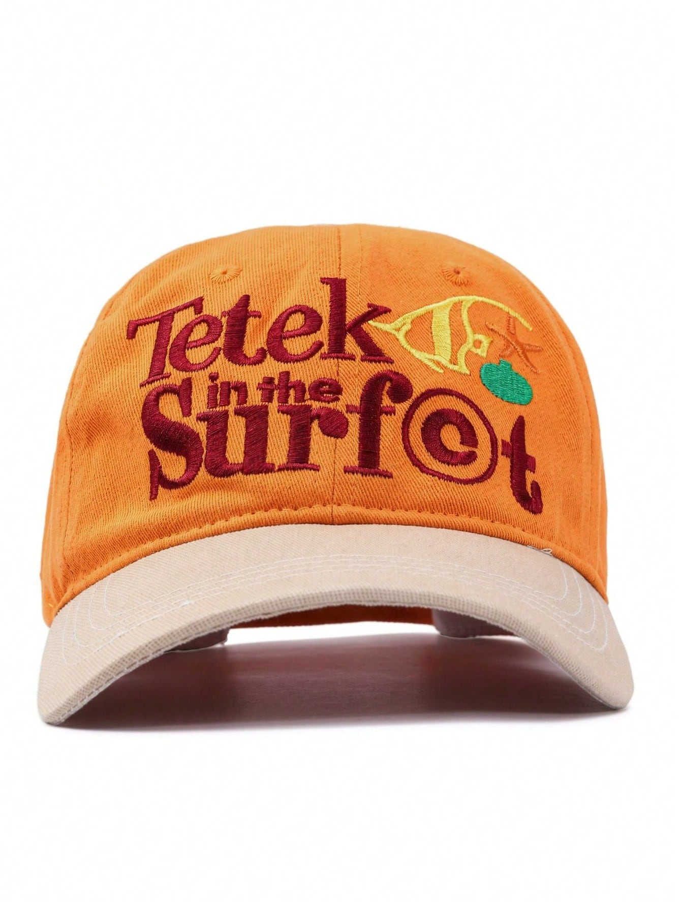 1pc Orange Contrast Khaki Beach Style Embroidered Baseball Cap, Funny Letter & Ocean Embroidery, Soft Crown Design Flatters Face Shape, Vintage Distressed Texture, Versatile Summer Vacation Vibe