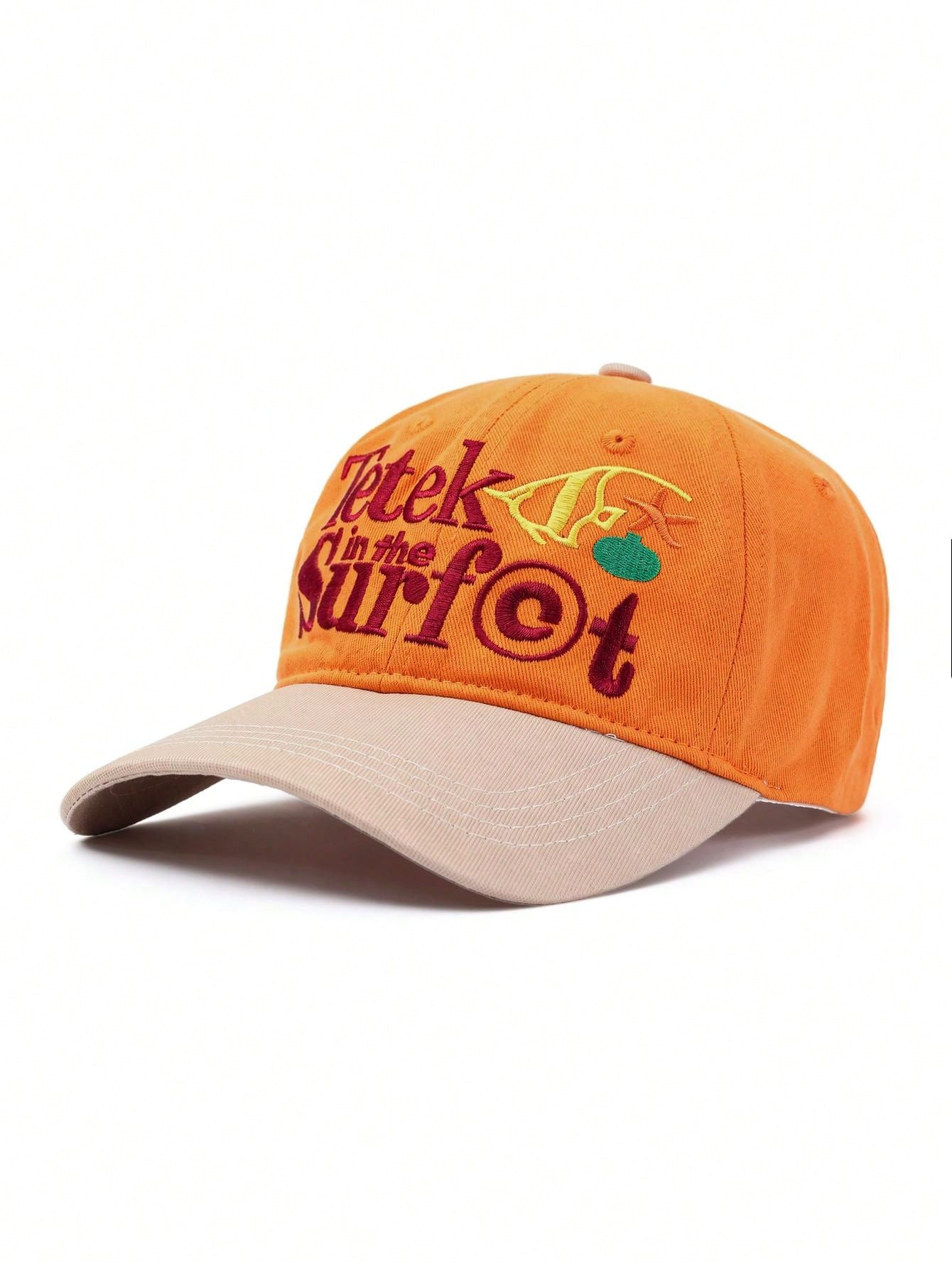 1pc Orange Contrast Khaki Beach Style Embroidered Baseball Cap, Funny Letter & Ocean Embroidery, Soft Crown Design Flatters Face Shape, Vintage Distressed Texture, Versatile Summer Vacation Vibe