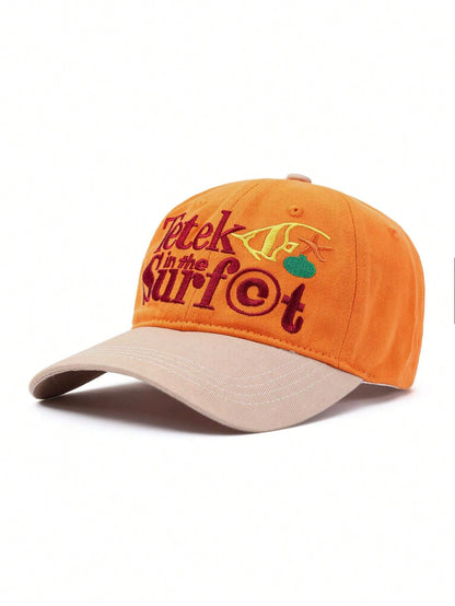 1pc Orange Contrast Khaki Beach Style Embroidered Baseball Cap, Funny Letter & Ocean Embroidery, Soft Crown Design Flatters Face Shape, Vintage Distressed Texture, Versatile Summer Vacation Vibe