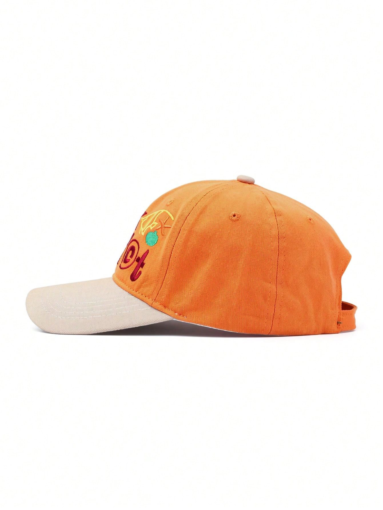 1pc Orange Contrast Khaki Beach Style Embroidered Baseball Cap, Funny Letter & Ocean Embroidery, Soft Crown Design Flatters Face Shape, Vintage Distressed Texture, Versatile Summer Vacation Vibe