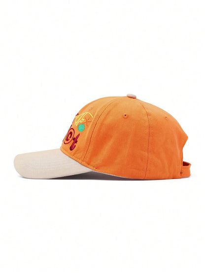 1pc Orange Contrast Khaki Beach Style Embroidered Baseball Cap, Funny Letter & Ocean Embroidery, Soft Crown Design Flatters Face Shape, Vintage Distressed Texture, Versatile Summer Vacation Vibe