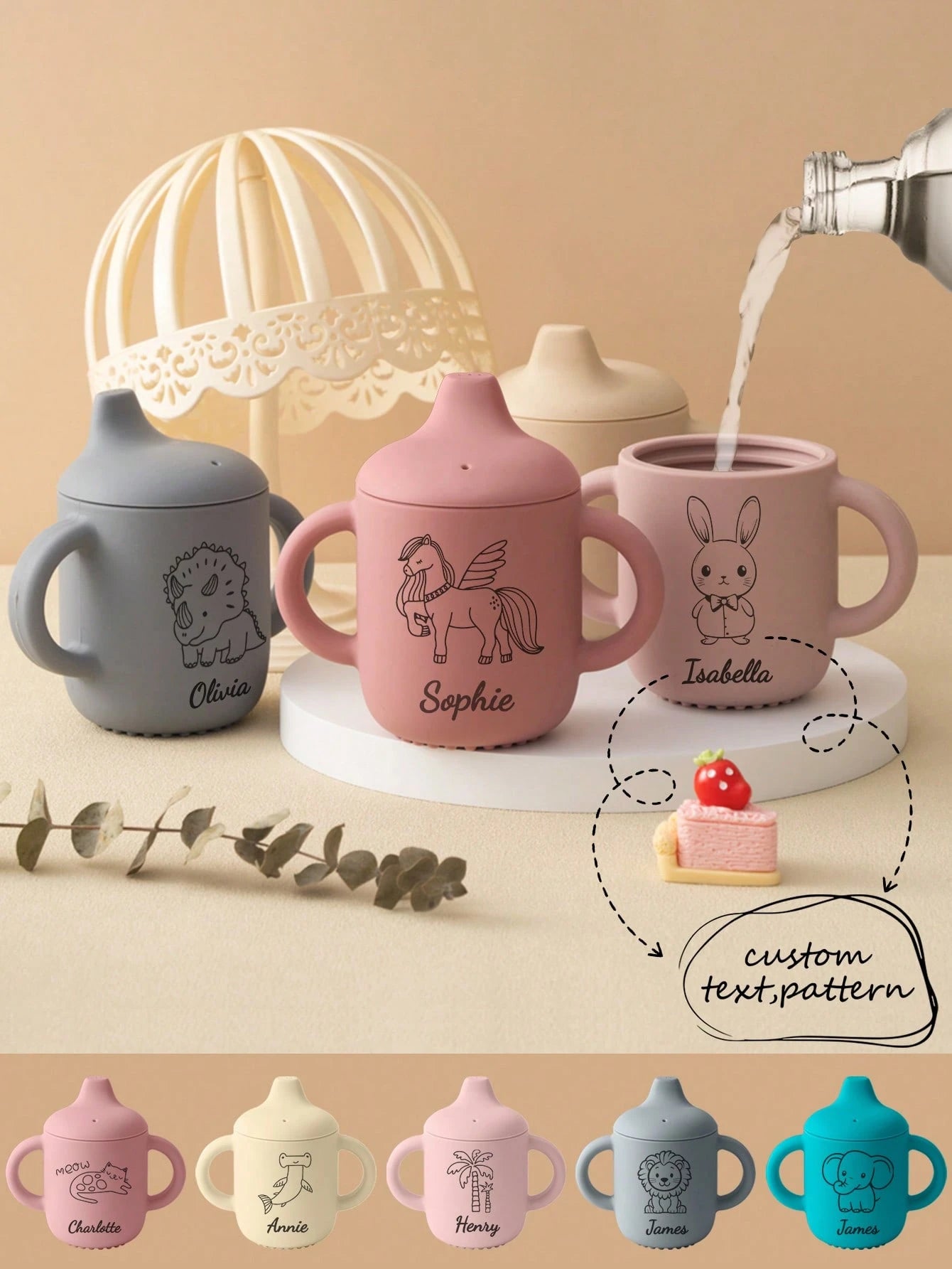 1PC Personalized Customization Name Pattern Silicone Baby Sippy Cup Print On Demand Baby Cups Custom Water Bottle Leakproof Baby Bottles Baby Tableware,Halloween Edit,Back To School Fashion,Christmas
