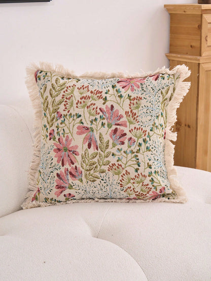 1pc Pink Floral Jacquard Throw Pillow Cover, Vintage Farmhouse Style Decorative Cushion Case For Living Room Sofa Bedroom Garden Outdoor Car Decor, Suitable For Autumn Winter Home Dining Table Decor H