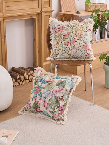 1pc Pink Floral Jacquard Throw Pillow Cover, Vintage Farmhouse Style Decorative Cushion Case For Living Room Sofa Bedroom Garden Outdoor Car Decor, Suitable For Autumn Winter Home Dining Table Decor H