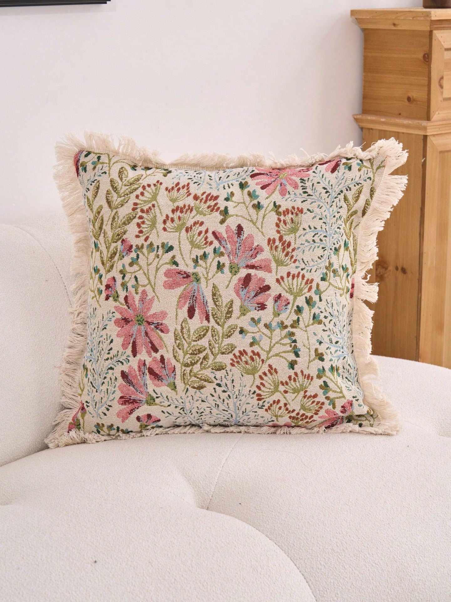 1pc Pink Floral Jacquard Throw Pillow Cover, Vintage Farmhouse Style Decorative Cushion Case For Living Room Sofa Bedroom Garden Outdoor Car Decor, Suitable For Autumn Winter Home Dining Table Decor H