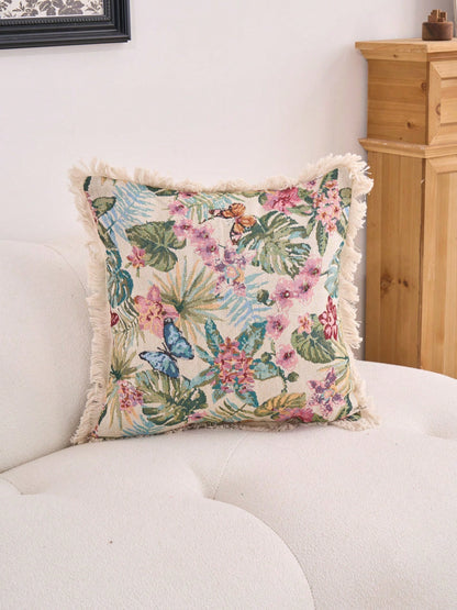 1pc Pink Floral Jacquard Throw Pillow Cover, Vintage Farmhouse Style Decorative Cushion Case For Living Room Sofa Bedroom Garden Outdoor Car Decor, Suitable For Autumn Winter Home Dining Table Decor H