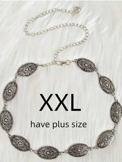 1pc Plus Size Women's Waist Belt, Western Style Boho Vintage Floral Buckle Textured Metal Waist Chain Beach Vacation, Party, XXL Fall