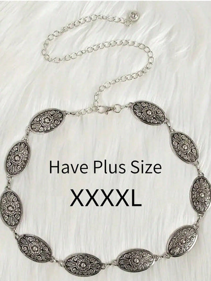 1pc Plus Size Women's Waist Belt, Western Style Boho Vintage Floral Buckle Textured Metal Waist Chain Beach Vacation, Party, XXL Fall