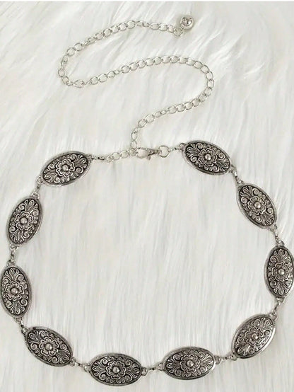 1pc Plus Size Women's Waist Belt, Western Style Boho Vintage Floral Buckle Textured Metal Waist Chain Beach Vacation, Party, XXL Fall