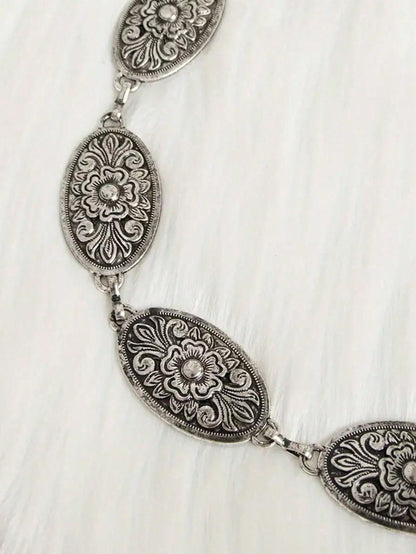 1pc Plus Size Women's Waist Belt, Western Style Boho Vintage Floral Buckle Textured Metal Waist Chain Beach Vacation, Party, XXL Fall