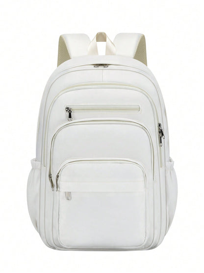 1pc Solid Color Minimalist Casual Backpack, Large Capacity Multi-Compartment Laptop Bag, Adjustable Shoulder Strap, Fashionable College Style Backpack, School Bag With Luggage Strap, Zipper Closure, U