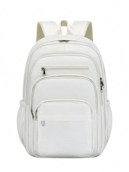 1pc Solid Color Minimalist Casual Backpack, Large Capacity Multi-Compartment Laptop Bag, Adjustable Shoulder Strap, Fashionable College Style Backpack, School Bag With Luggage Strap, Zipper Closure, U