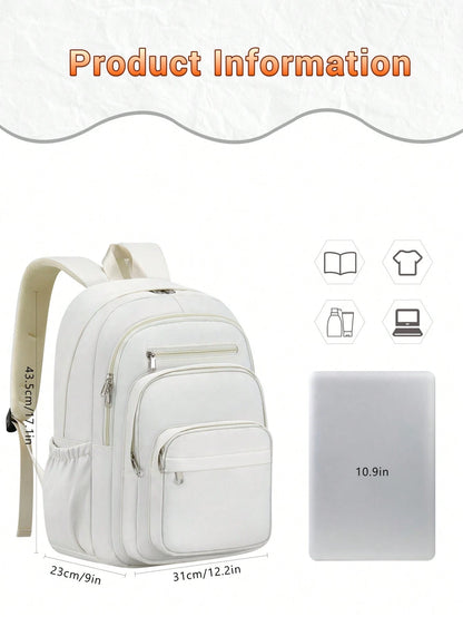 1pc Solid Color Minimalist Casual Backpack, Large Capacity Multi-Compartment Laptop Bag, Adjustable Shoulder Strap, Fashionable College Style Backpack, School Bag With Luggage Strap, Zipper Closure, U