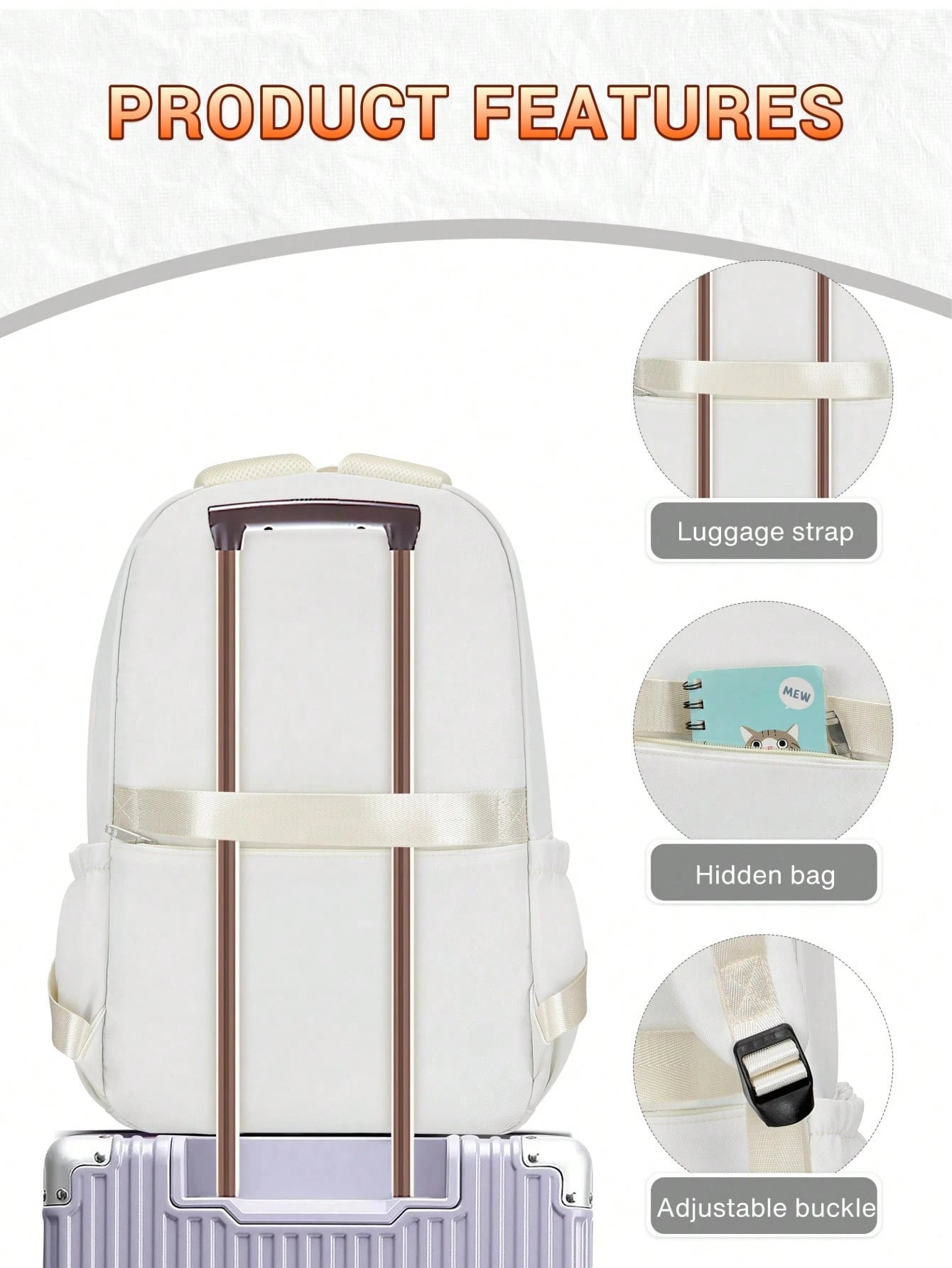 1pc Solid Color Minimalist Casual Backpack, Large Capacity Multi-Compartment Laptop Bag, Adjustable Shoulder Strap, Fashionable College Style Backpack, School Bag With Luggage Strap, Zipper Closure, U