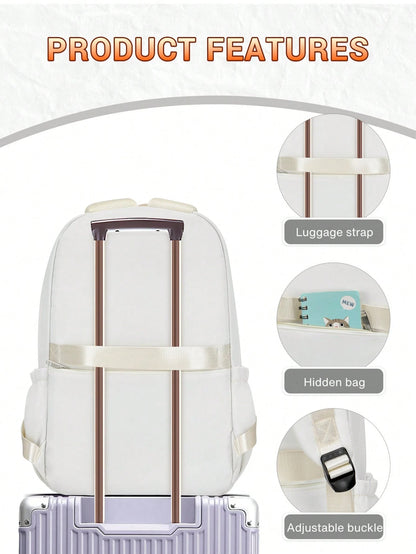 1pc Solid Color Minimalist Casual Backpack, Large Capacity Multi-Compartment Laptop Bag, Adjustable Shoulder Strap, Fashionable College Style Backpack, School Bag With Luggage Strap, Zipper Closure, U