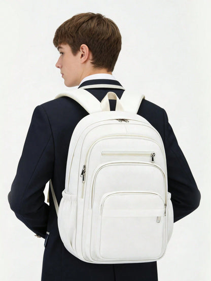 1pc Solid Color Minimalist Casual Backpack, Large Capacity Multi-Compartment Laptop Bag, Adjustable Shoulder Strap, Fashionable College Style Backpack, School Bag With Luggage Strap, Zipper Closure, U