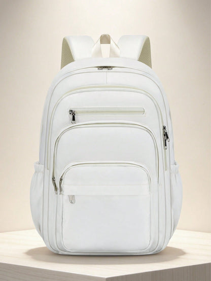 1pc Solid Color Minimalist Casual Backpack, Large Capacity Multi-Compartment Laptop Bag, Adjustable Shoulder Strap, Fashionable College Style Backpack, School Bag With Luggage Strap, Zipper Closure, U