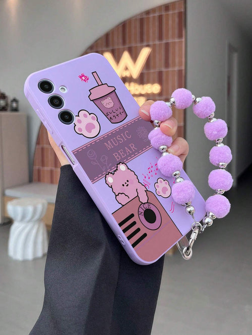 1pc Solid Color TPU Coffee Bear Pattern Shockproof Phone Case And 1pc Solid Color Pom Pom Bracelet, Suitable For/Apple Phone Case/Matching Phone Case/Phone Case With Lanyard/Fun Phone Case/Android Ph