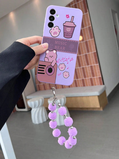 1pc Solid Color TPU Coffee Bear Pattern Shockproof Phone Case And 1pc Solid Color Pom Pom Bracelet, Suitable For/Apple Phone Case/Matching Phone Case/Phone Case With Lanyard/Fun Phone Case/Android Ph