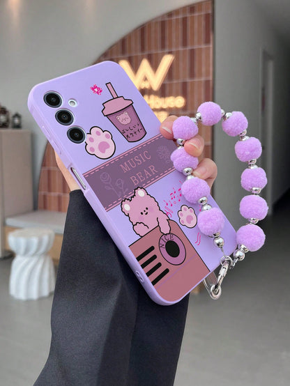 1pc Solid Color TPU Coffee Bear Pattern Shockproof Phone Case And 1pc Solid Color Pom Pom Bracelet, Suitable For/Apple Phone Case/Matching Phone Case/Phone Case With Lanyard/Fun Phone Case/Android Ph