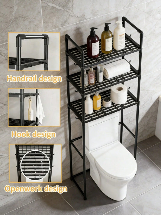 1pc Upgraded Grid Design Over Toilet Storage Shelves, Floor Standing Bathroom Toilet Shelf, Bathroom Organizers And Storage,Edge Strap Hook, Bathroom Accessories, Washing Machine Rack, Balcony Organiz