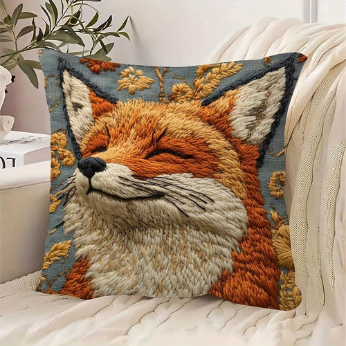 1pc Vintage Embroidered Fox Design Throw Pillow Cover, 2D Flat Print Faux Embroidery Cushion Cover, 18x18 Inches, Soft Polyester, For Living Room Sofa Bedroom Decor, Pillow Insert Not Included