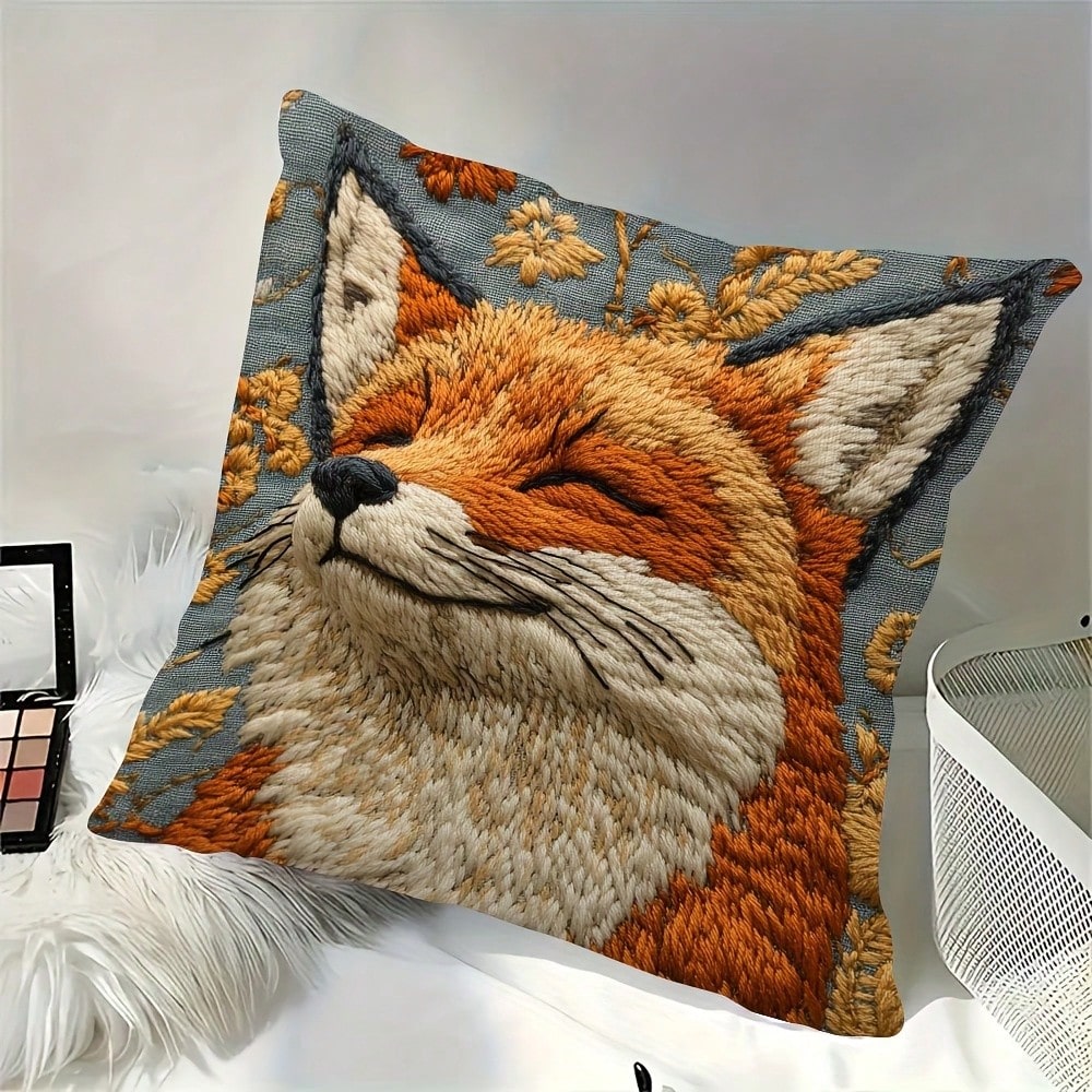 1pc Vintage Embroidered Fox Design Throw Pillow Cover, 2D Flat Print Faux Embroidery Cushion Cover, 18x18 Inches, Soft Polyester, For Living Room Sofa Bedroom Decor, Pillow Insert Not Included