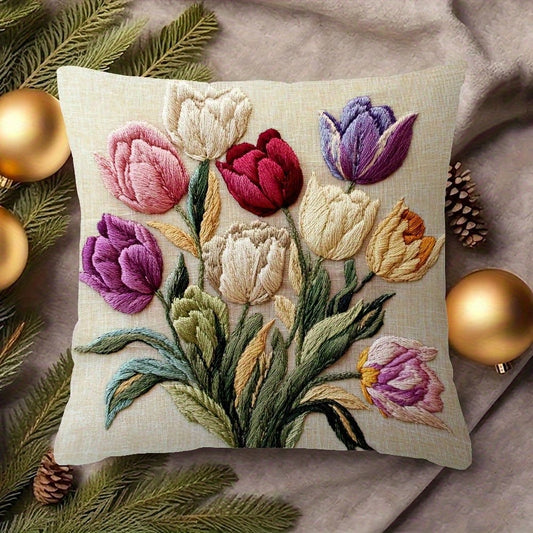 1pc Vintage Tulip Floral Decorative Throw Pillow Case, 2D Embroidery-Like Print Cushion Cover, 18x18 Inch, Machine Washable Soft Polyester, For Living Room Sofa Home Decor, Porch Swing Cushion, Pillow
