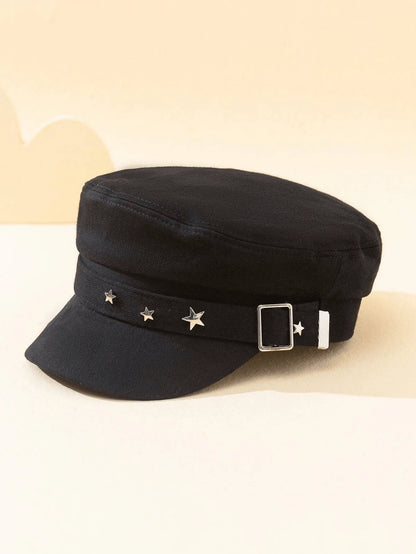 1pc Women Black Star Embroidery Baseball Cap, Vintage English Beret, New Navy Style, Korean Style Newsboy Hat