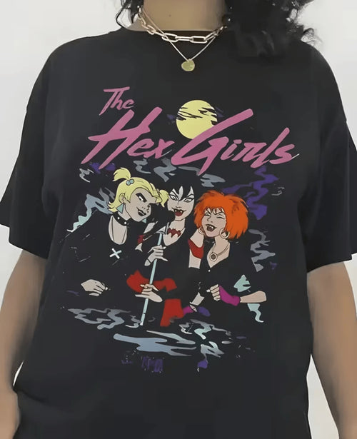 1pc Women's 100% Cotton Rock Band Graphic T-Shirt- Hex Featuring Mystery Inc. Retro Cartoon Print, Black With Pink Flames, Casual Short Sleeve Round Neck Tee For Summer Outdoor Wear & Holiday Gifts