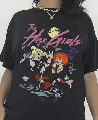 1pc Women's 100% Cotton Rock Band Graphic T-Shirt- Hex Featuring Mystery Inc. Retro Cartoon Print, Black With Pink Flames, Casual Short Sleeve Round Neck Tee For Summer Outdoor Wear & Holiday Gifts