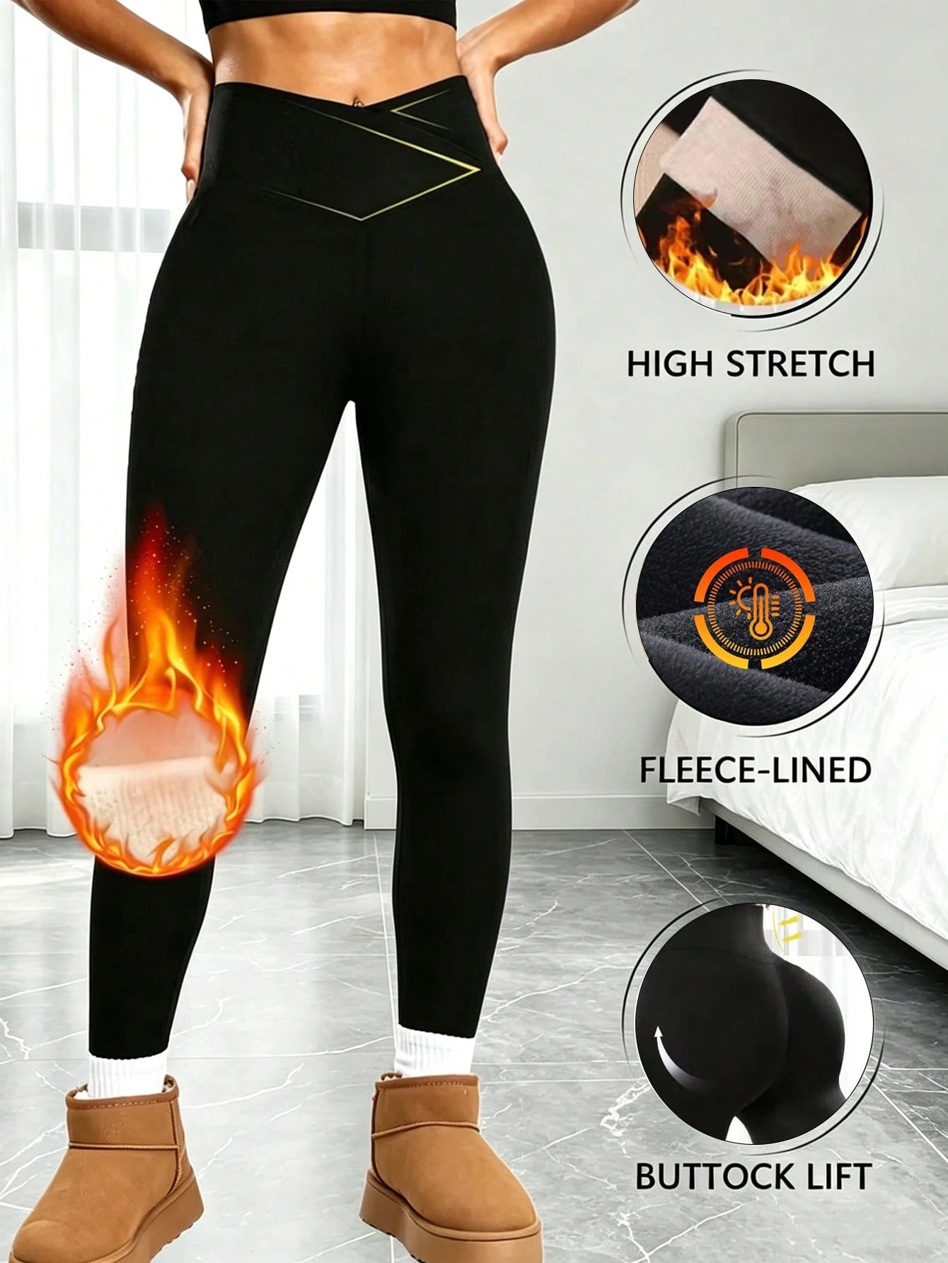 1pc Women's Autumn/Winter Slim Fit Thermal Leggings, Criss-Cross Waist Design, Super Soft Lambswool Lining High Waist Long Pants, Outerwear Tight Base Layer Pants, Elastic Wide Waistband Ankle Length