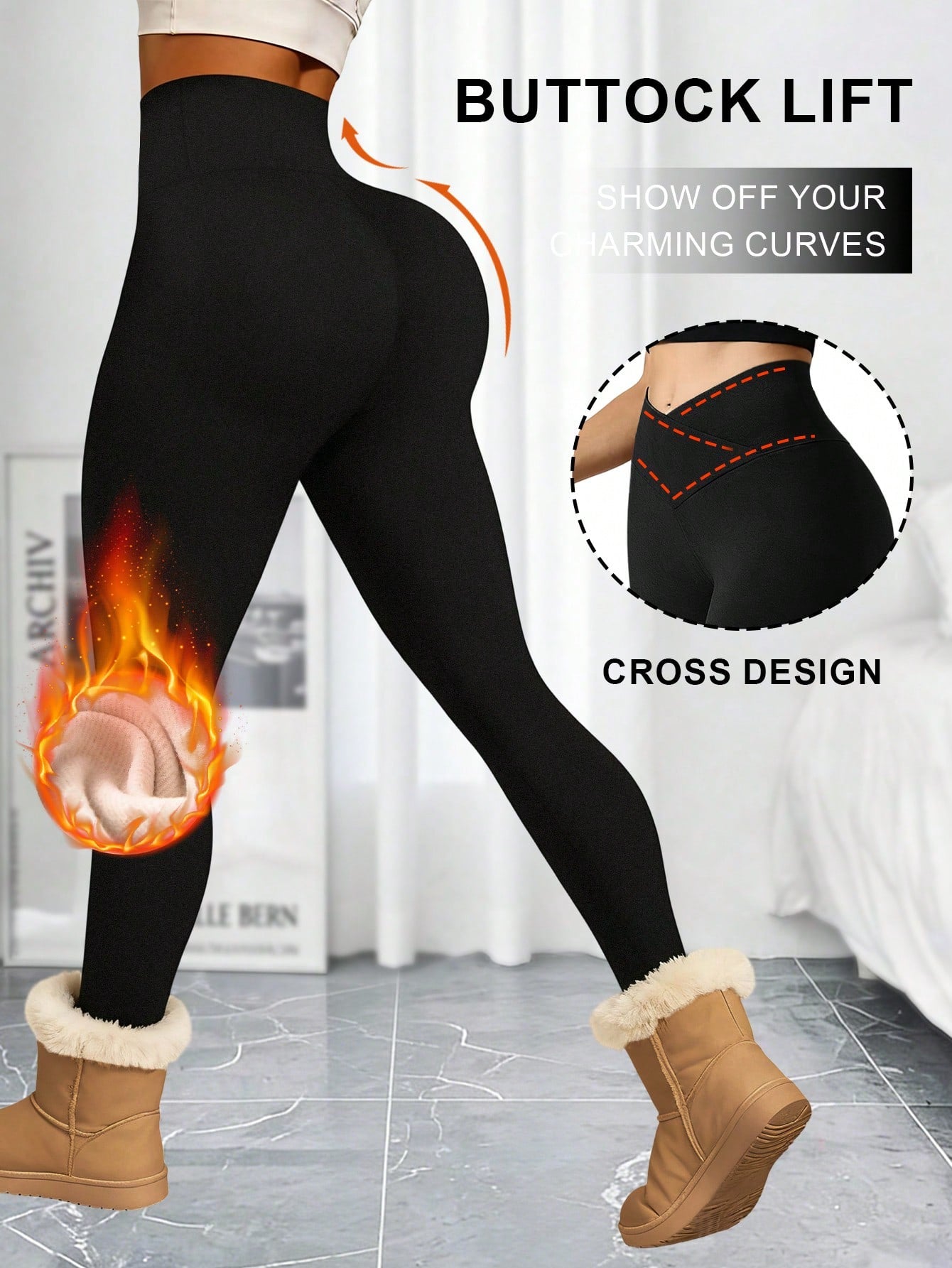 1pc Women's Autumn/Winter Slim Fit Thermal Leggings, Criss-Cross Waist Design, Super Soft Lambswool Lining High Waist Long Pants, Outerwear Tight Base Layer Pants, Elastic Wide Waistband Ankle Length