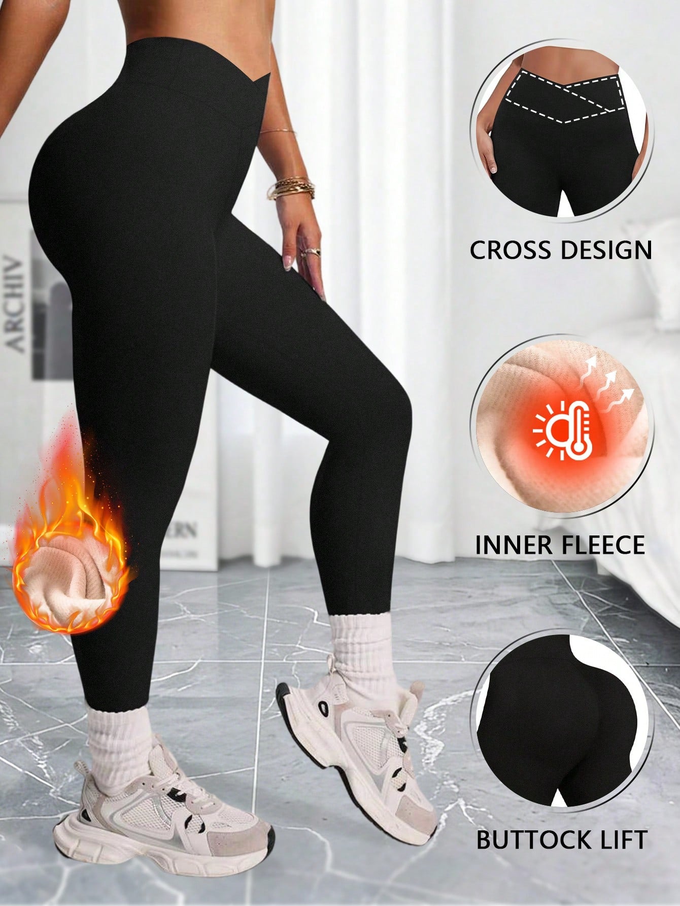 1pc Women's Autumn/Winter Slim Fit Thermal Leggings, Criss-Cross Waist Design, Super Soft Lambswool Lining High Waist Long Pants, Outerwear Tight Base Layer Pants, Elastic Wide Waistband Ankle Length