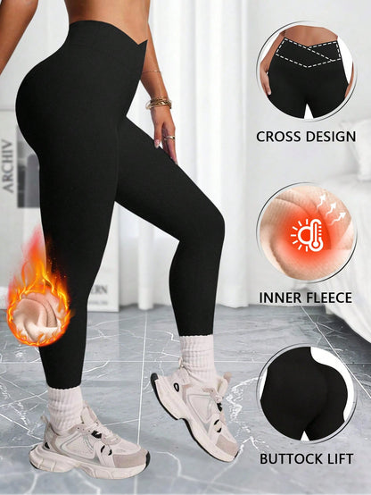 1pc Women's Autumn/Winter Slim Fit Thermal Leggings, Criss-Cross Waist Design, Super Soft Lambswool Lining High Waist Long Pants, Outerwear Tight Base Layer Pants, Elastic Wide Waistband Ankle Length
