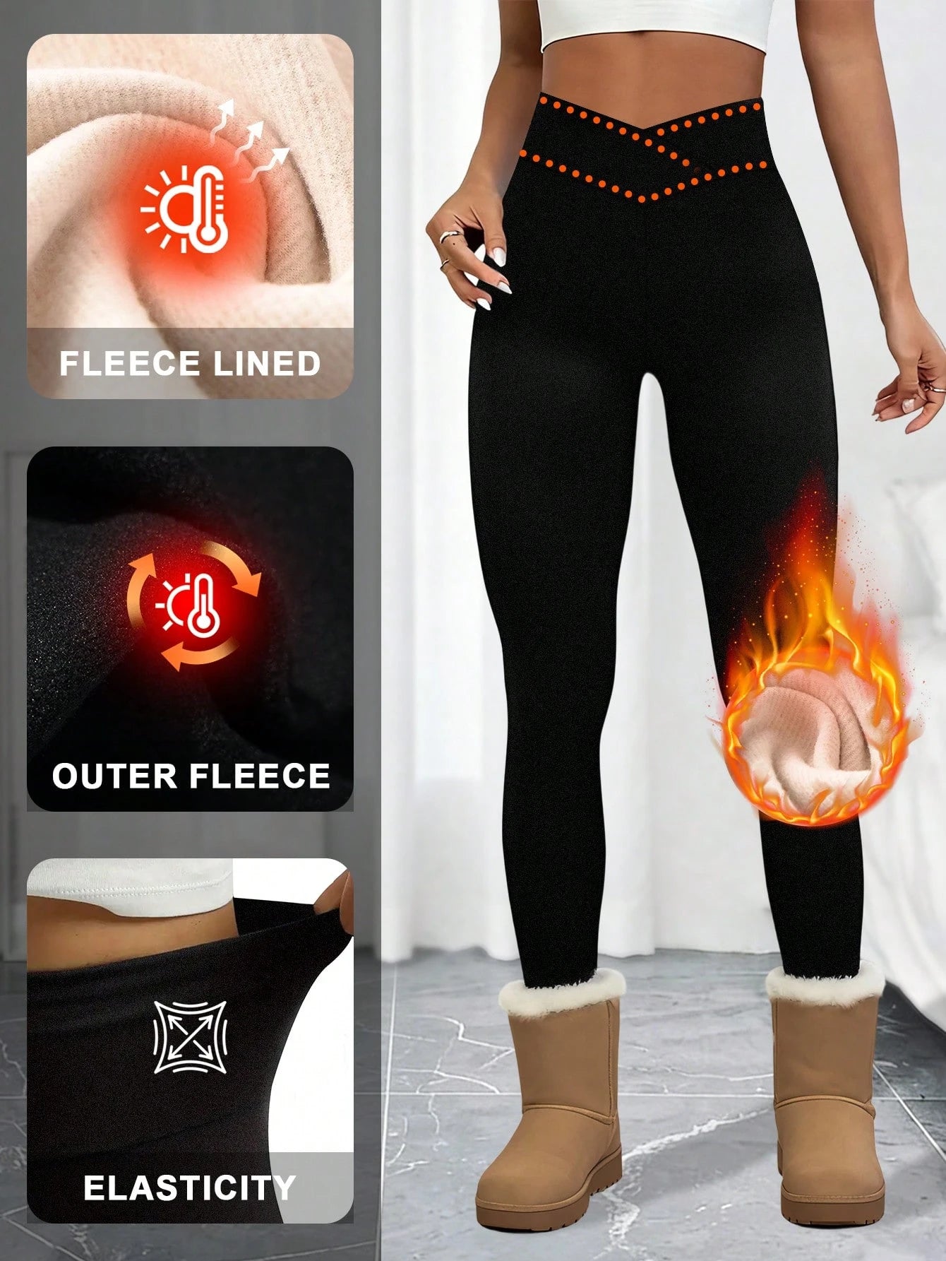 1pc Women's Autumn/Winter Slim Fit Thermal Leggings, Criss-Cross Waist Design, Super Soft Lambswool Lining High Waist Long Pants, Outerwear Tight Base Layer Pants, Elastic Wide Waistband Ankle Length