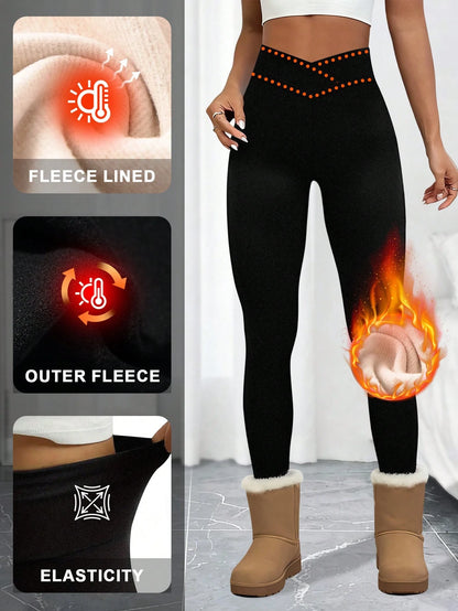 1pc Women's Autumn/Winter Slim Fit Thermal Leggings, Criss-Cross Waist Design, Super Soft Lambswool Lining High Waist Long Pants, Outerwear Tight Base Layer Pants, Elastic Wide Waistband Ankle Length