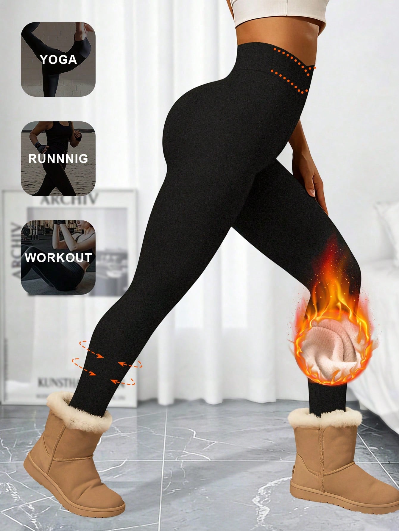 1pc Women's Autumn/Winter Slim Fit Thermal Leggings, Criss-Cross Waist Design, Super Soft Lambswool Lining High Waist Long Pants, Outerwear Tight Base Layer Pants, Elastic Wide Waistband Ankle Length