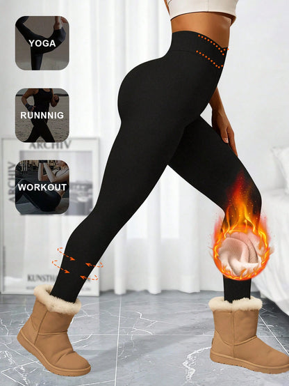 1pc Women's Autumn/Winter Slim Fit Thermal Leggings, Criss-Cross Waist Design, Super Soft Lambswool Lining High Waist Long Pants, Outerwear Tight Base Layer Pants, Elastic Wide Waistband Ankle Length