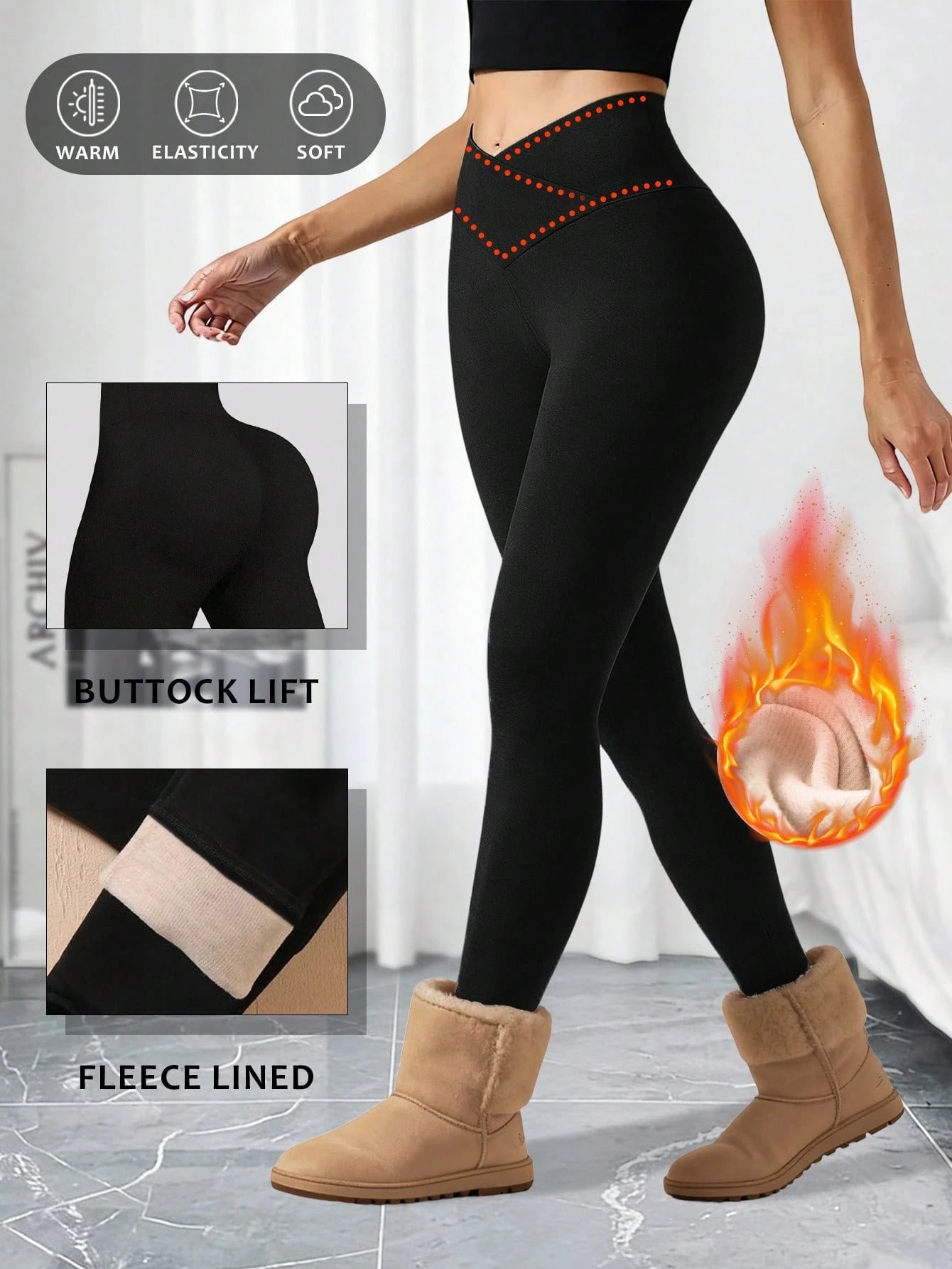 1pc Women's Autumn/Winter Slim Fit Thermal Leggings, Criss-Cross Waist Design, Super Soft Lambswool Lining High Waist Long Pants, Outerwear Tight Base Layer Pants, Elastic Wide Waistband Ankle Length