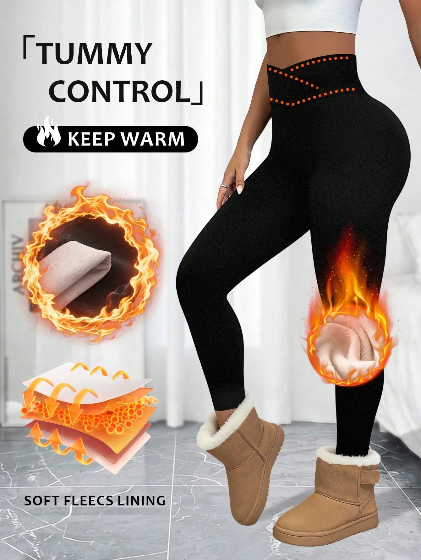 1pc Women's Autumn/Winter Slim Fit Thermal Leggings, Criss-Cross Waist Design, Super Soft Lambswool Lining High Waist Long Pants, Outerwear Tight Base Layer Pants, Elastic Wide Waistband Ankle Length