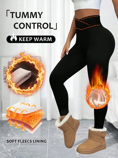 1pc Women's Autumn/Winter Slim Fit Thermal Leggings, Criss-Cross Waist Design, Super Soft Lambswool Lining High Waist Long Pants, Outerwear Tight Base Layer Pants, Elastic Wide Waistband Ankle Length